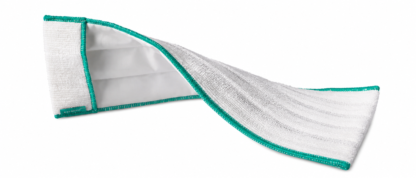 White rectangular cleanroom mop cover with three padded channels and two end pockets