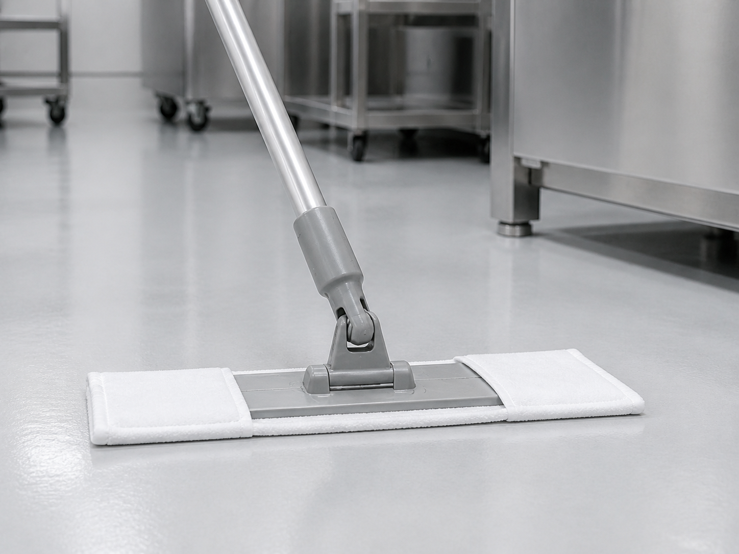 Polyester knit cleanroom mop used with a flat frame in a controlled area