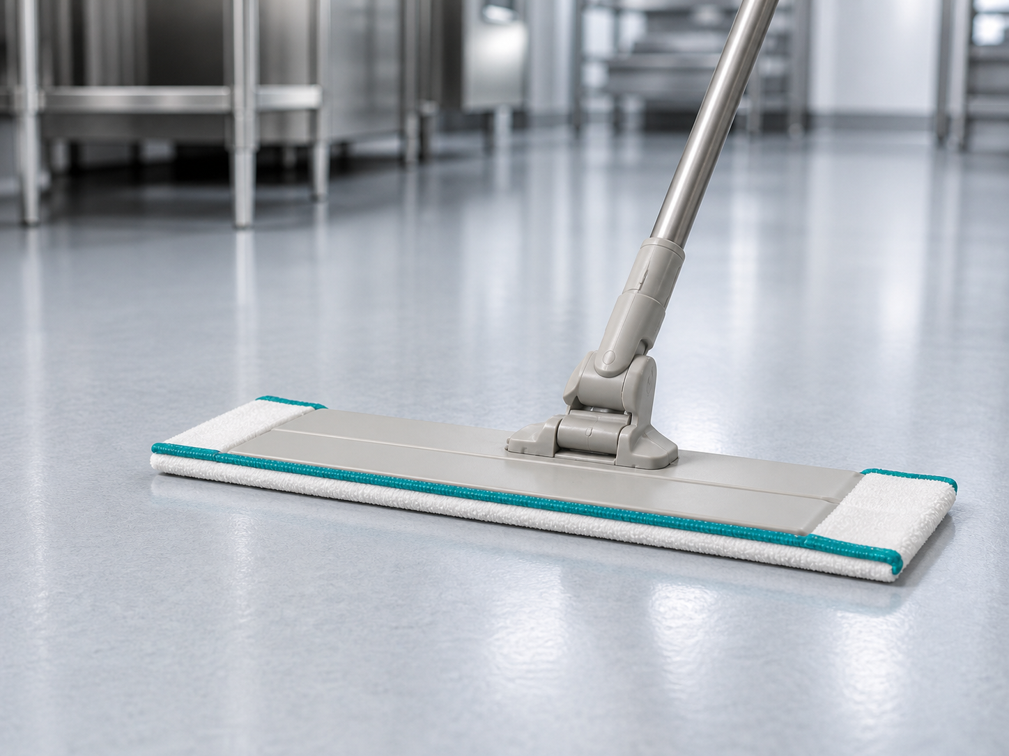 Scrub microfiber cleanroom mop correctly fitted to a flat frame through two end pockets