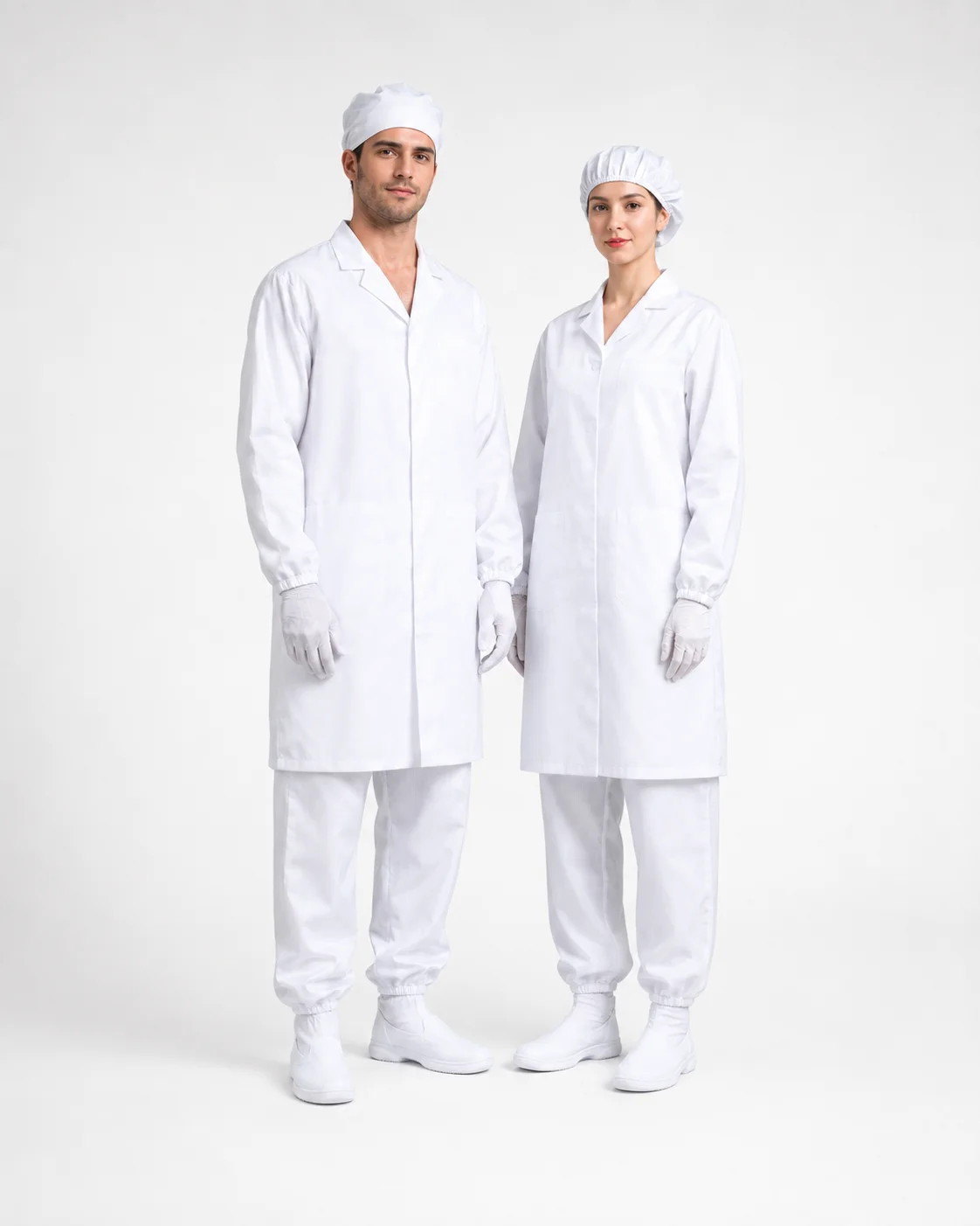 Male and female models wearing autoclavable cleanroom lab coats