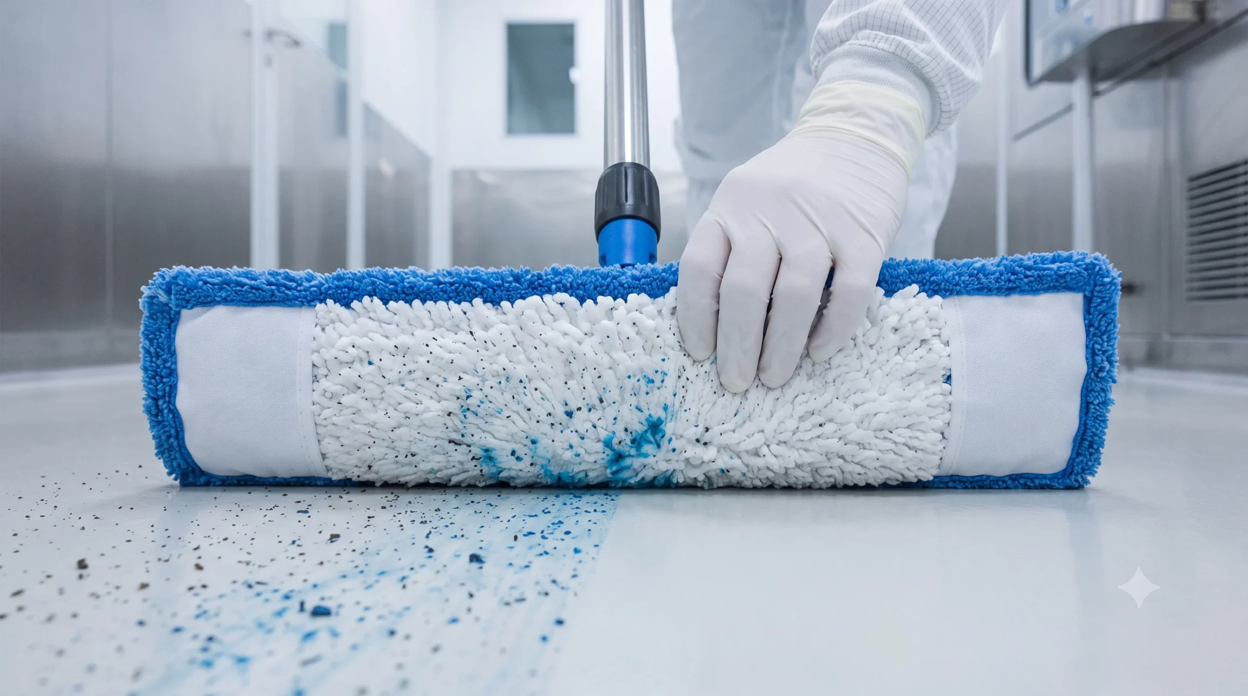 Advanced cleanroom mop system demonstrating specialized disinfection protocol in a GMP-compliant pharmaceutical facility