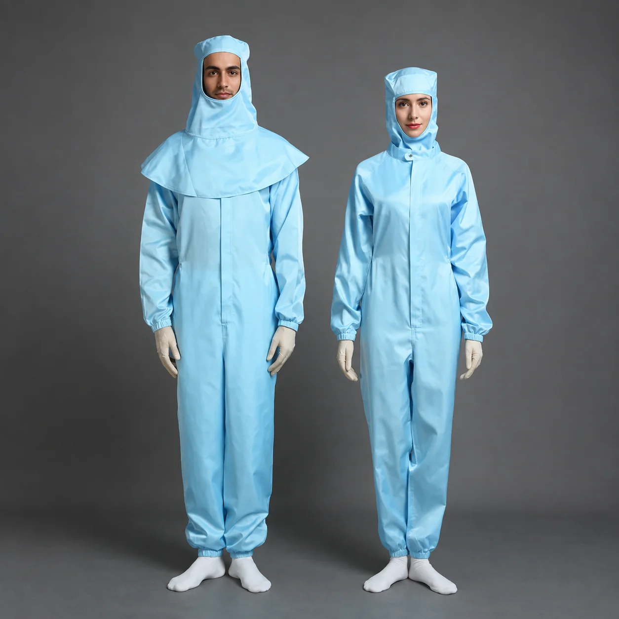 Male and female models wearing light-blue autoclavable cleanroom garments