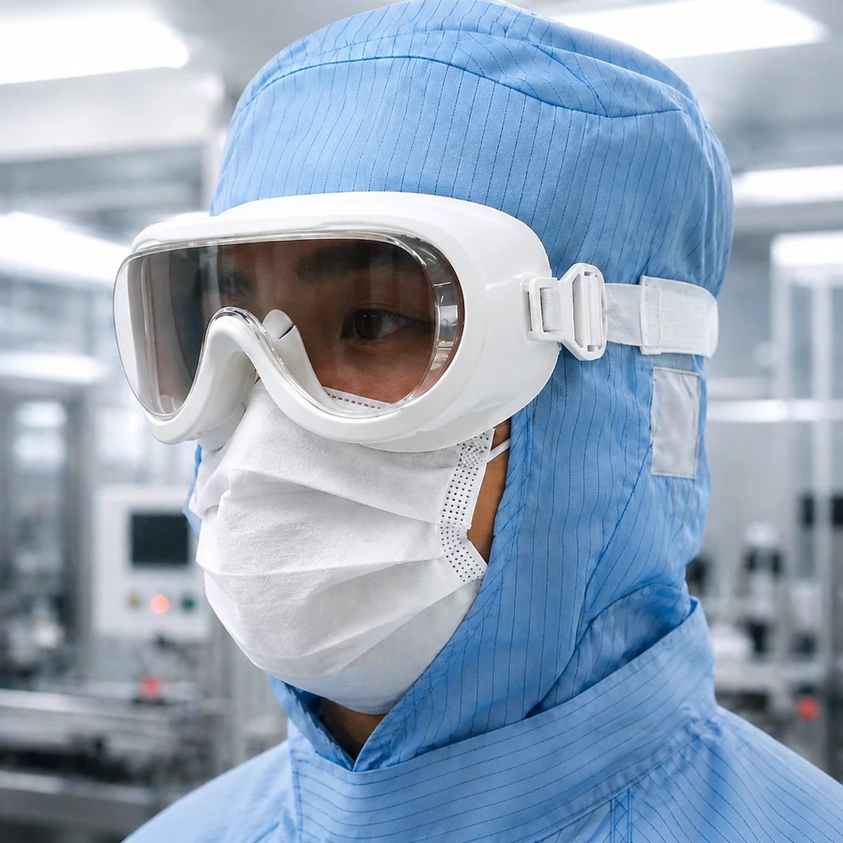 Close-up of white cleanroom goggles worn with a blue hood and white face mask