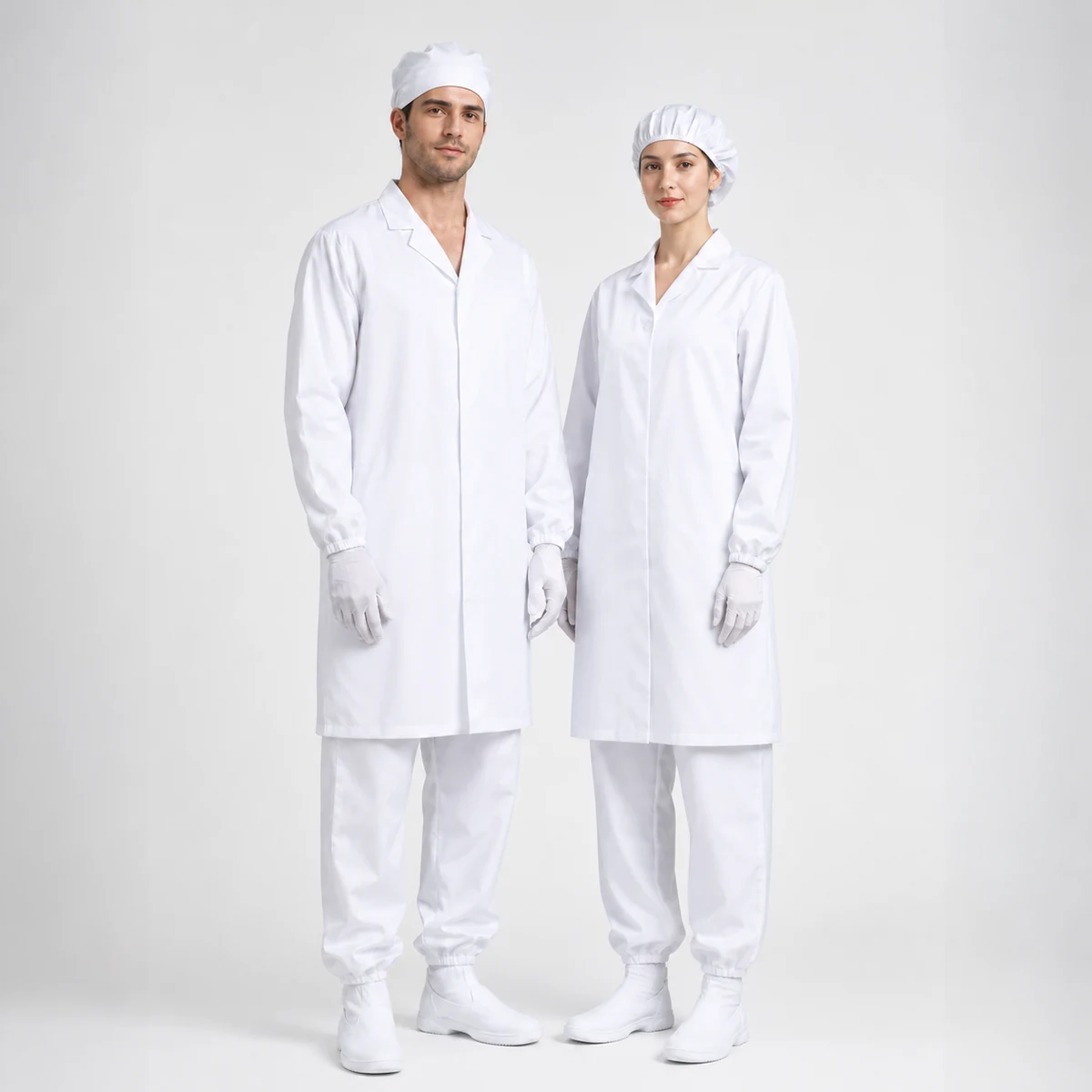 Male and female models wearing autoclavable cleanroom lab coats