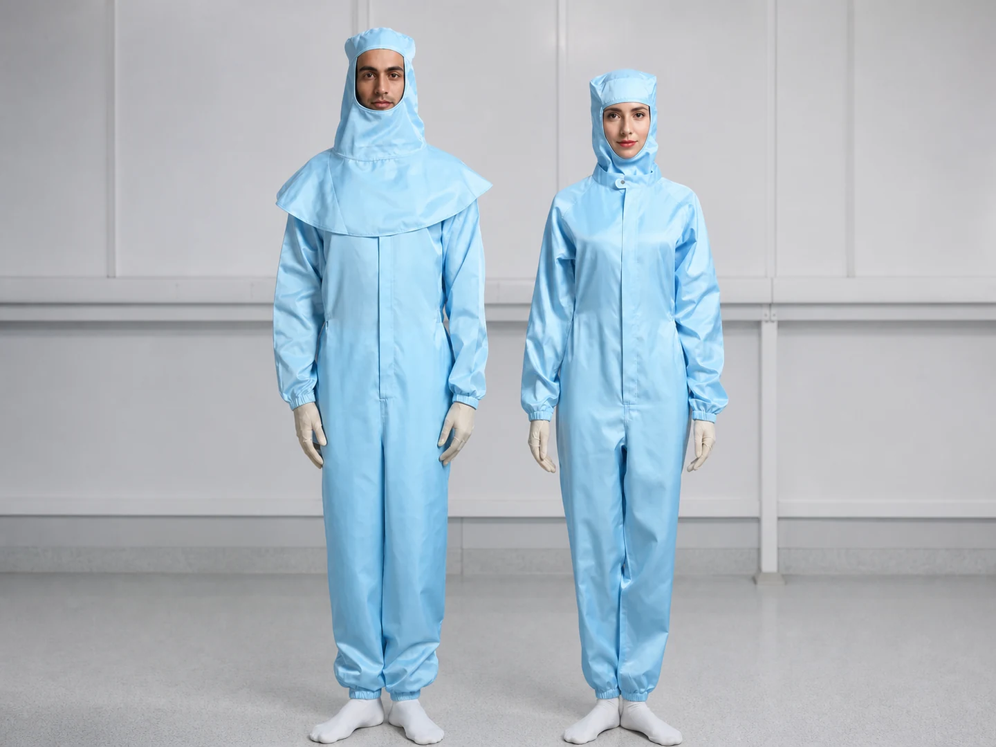 Two operators wearing light-blue reusable cleanroom garments in a controlled gowning area