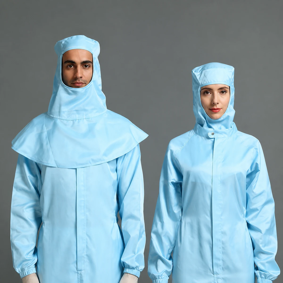Close-up comparison of light-blue cape-style and fitted cleanroom hoods