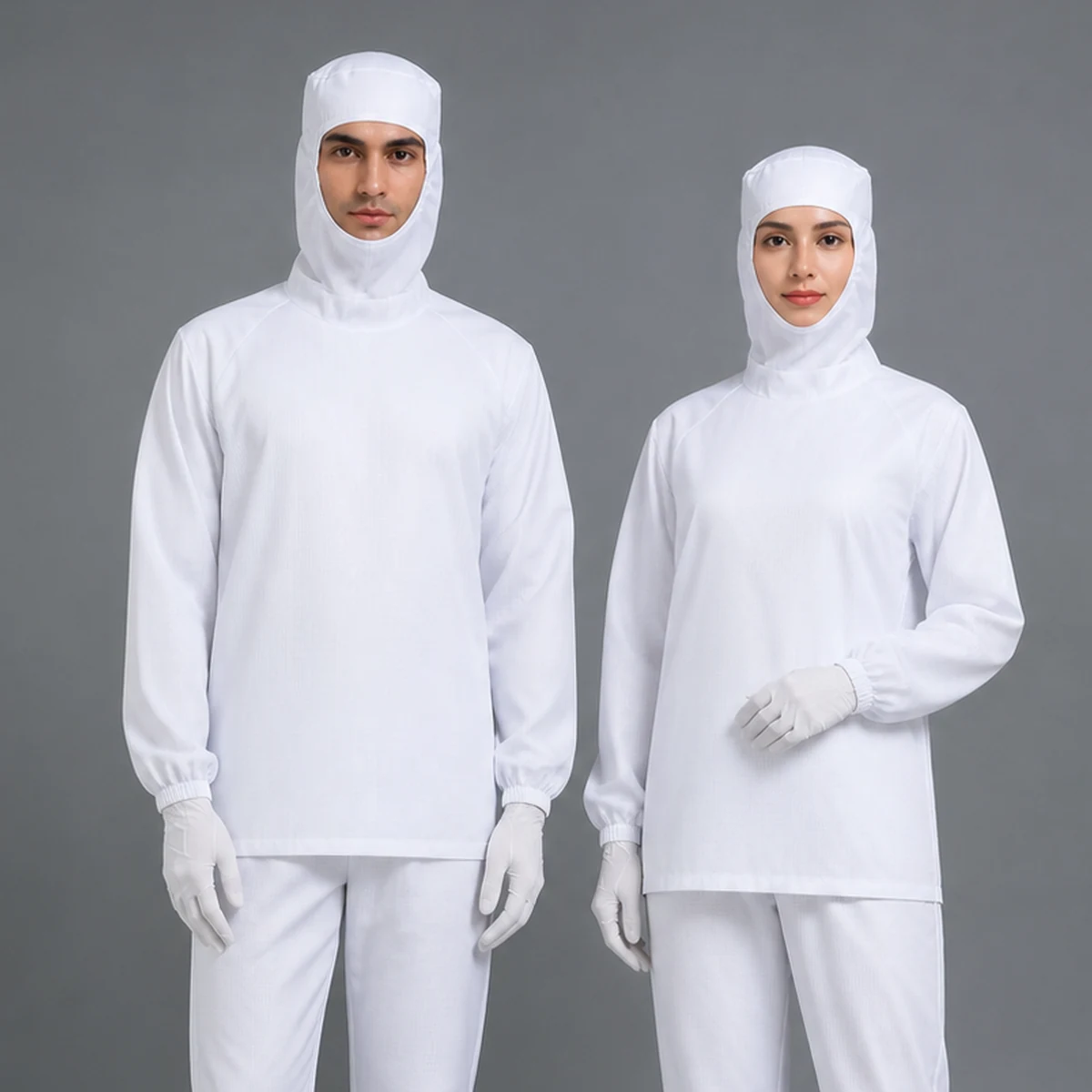 Upper-body view of the MD-1A01 white hooded pullover cleanroom top without a front zipper