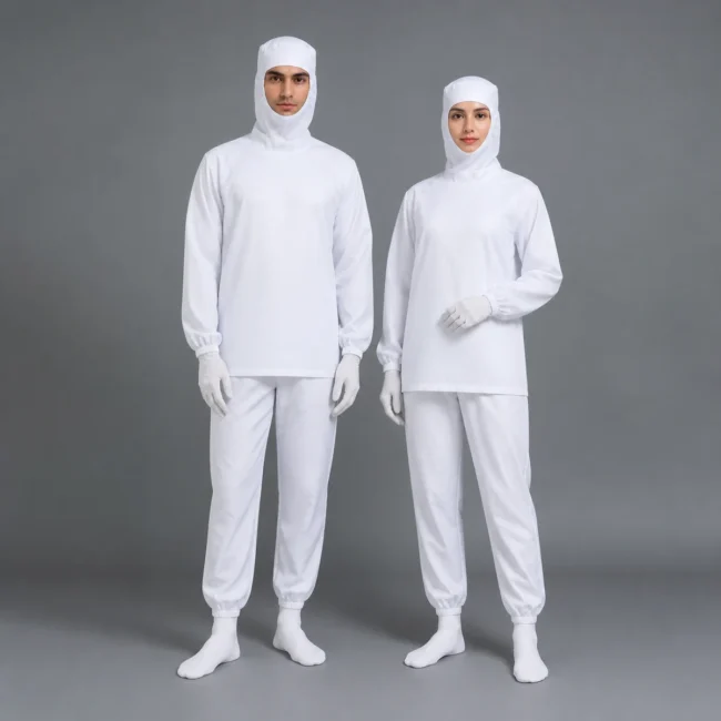 Male and female operators wearing white MD-1A01 hooded pullover tops and pants with connected socks