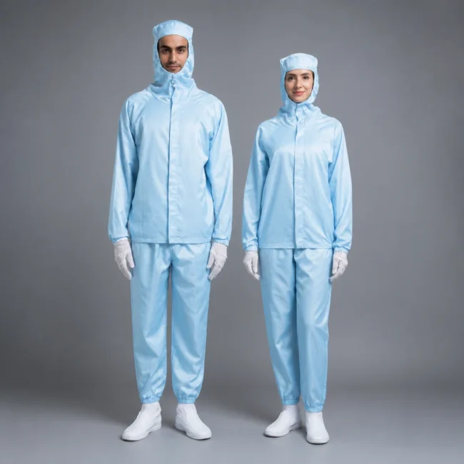 Male and female operators wearing light-blue MD-2A02 two-piece cleanroom suits with hooded zip-front jackets and separate pants