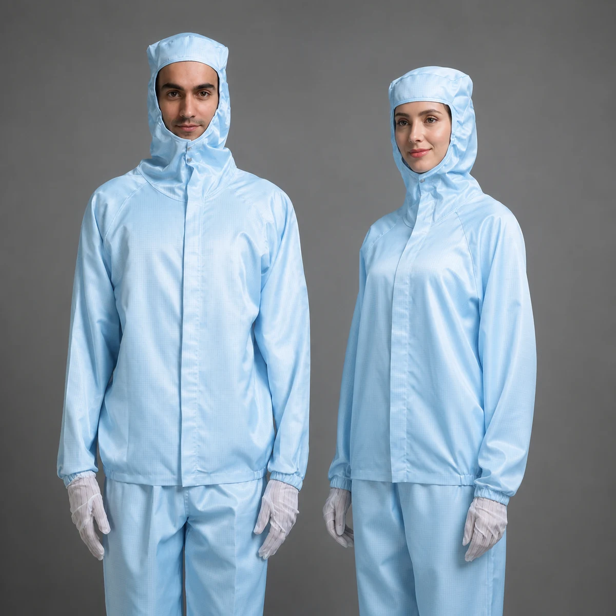 Upper-body view of the MD-2A02 fitted hood and protected zip-front cleanroom jacket