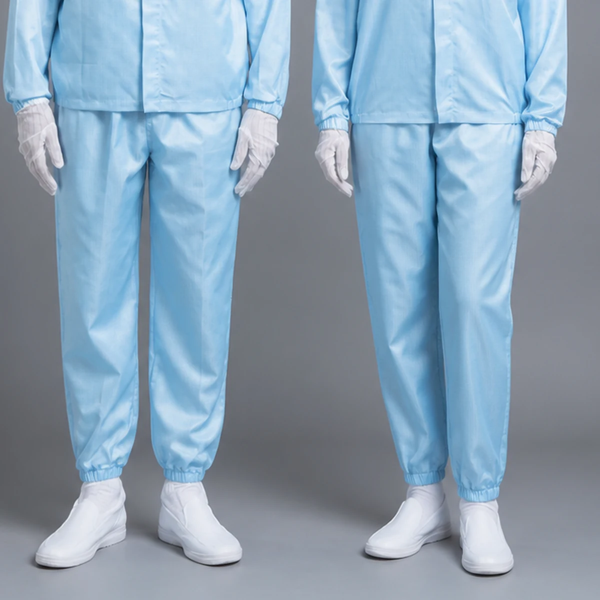 Detail view of the MD-2A02 separate jacket, pants, elastic ankle cuffs and cleanroom footwear