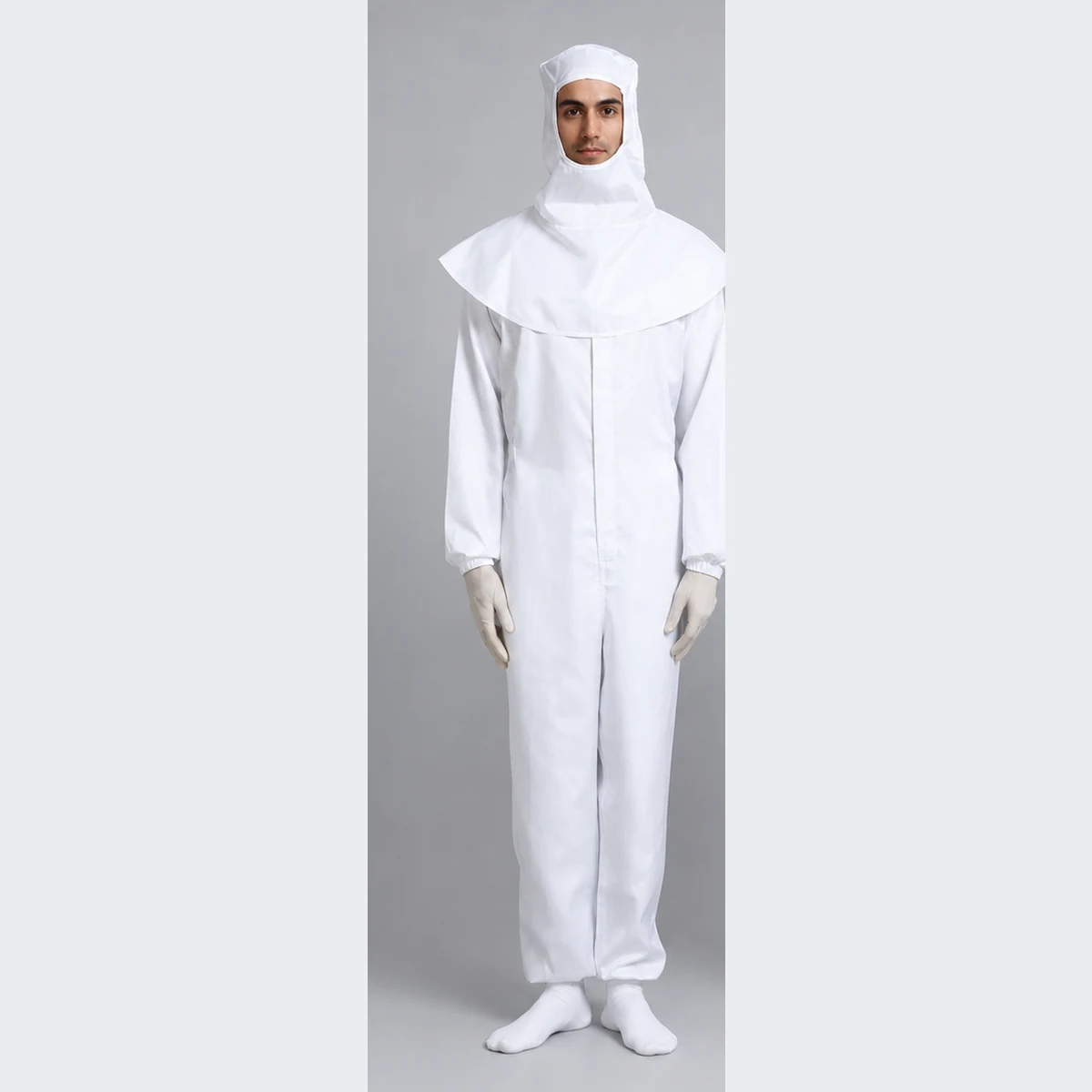 Front view of a white MD-2A04 one-piece cleanroom coverall with cape-style hood