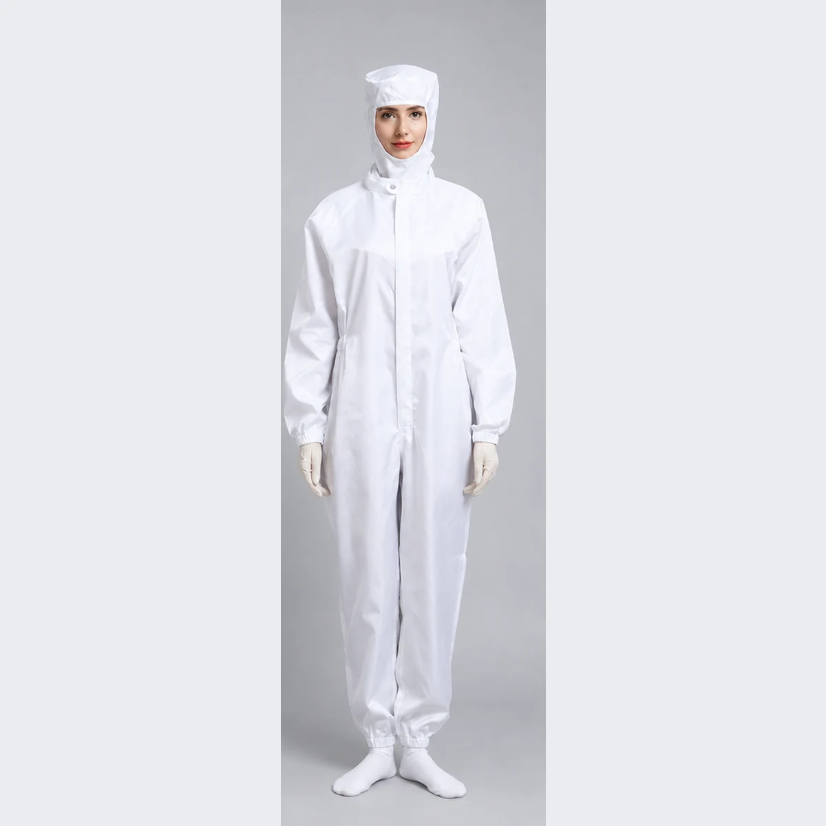 Front view of a white MD-2A04 one-piece cleanroom coverall with fitted hood and protected closure