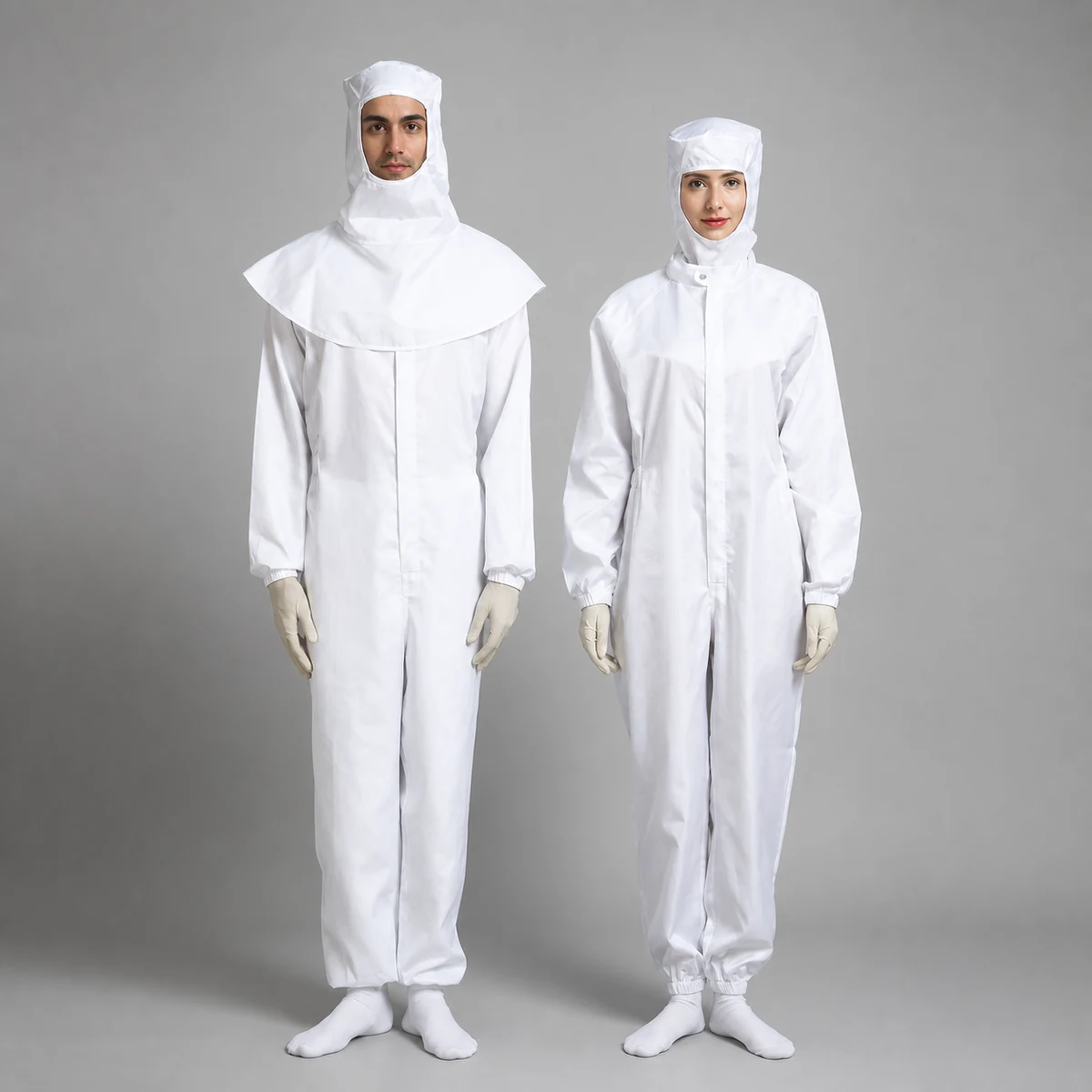 Two operators wearing white cleanroom coveralls with cape-style and fitted hood configurations