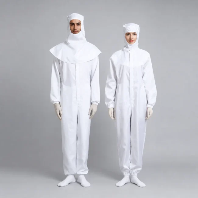 Male and female operators wearing white MD-2A0402 cleanroom coveralls in two front-view hood configurations