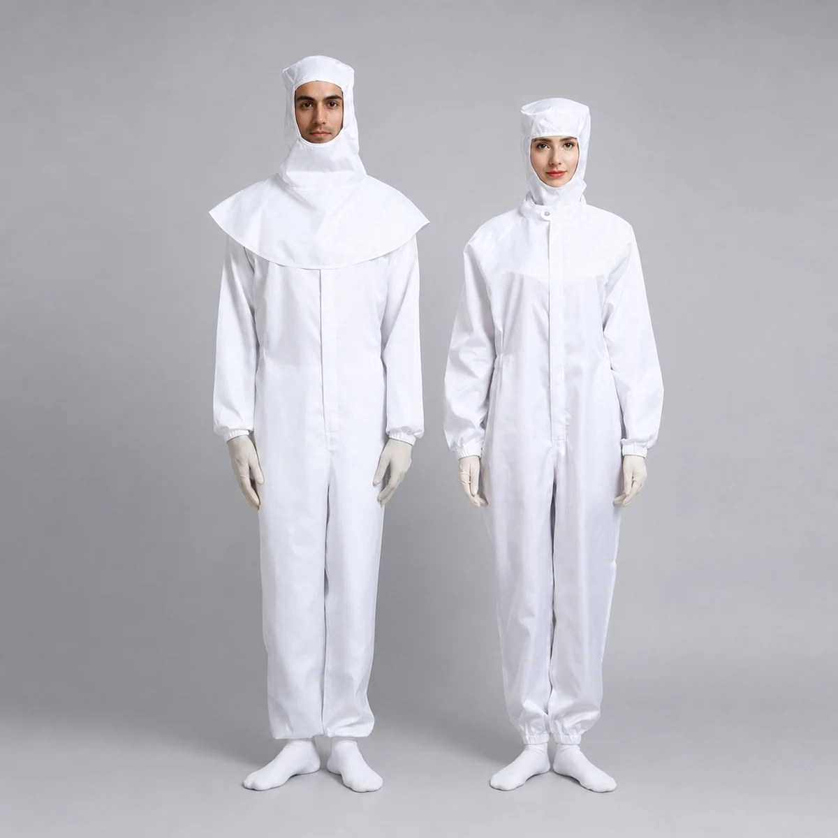Male and female operators wearing white MD-2A0402 cleanroom coveralls in two front-view hood configurations