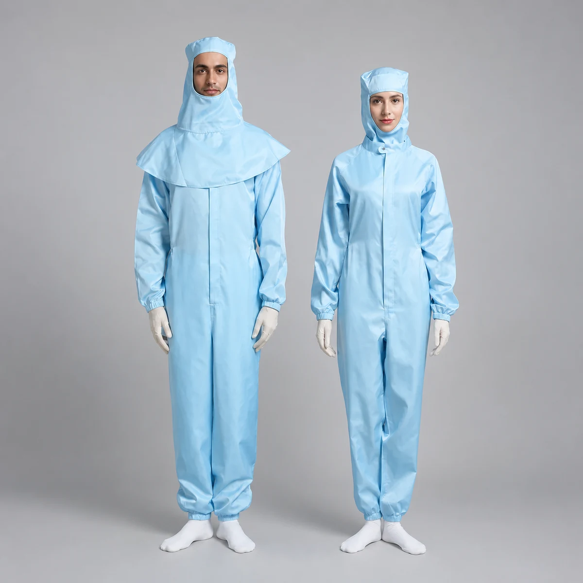Male and female models wearing reusable cleanroom coverall suits