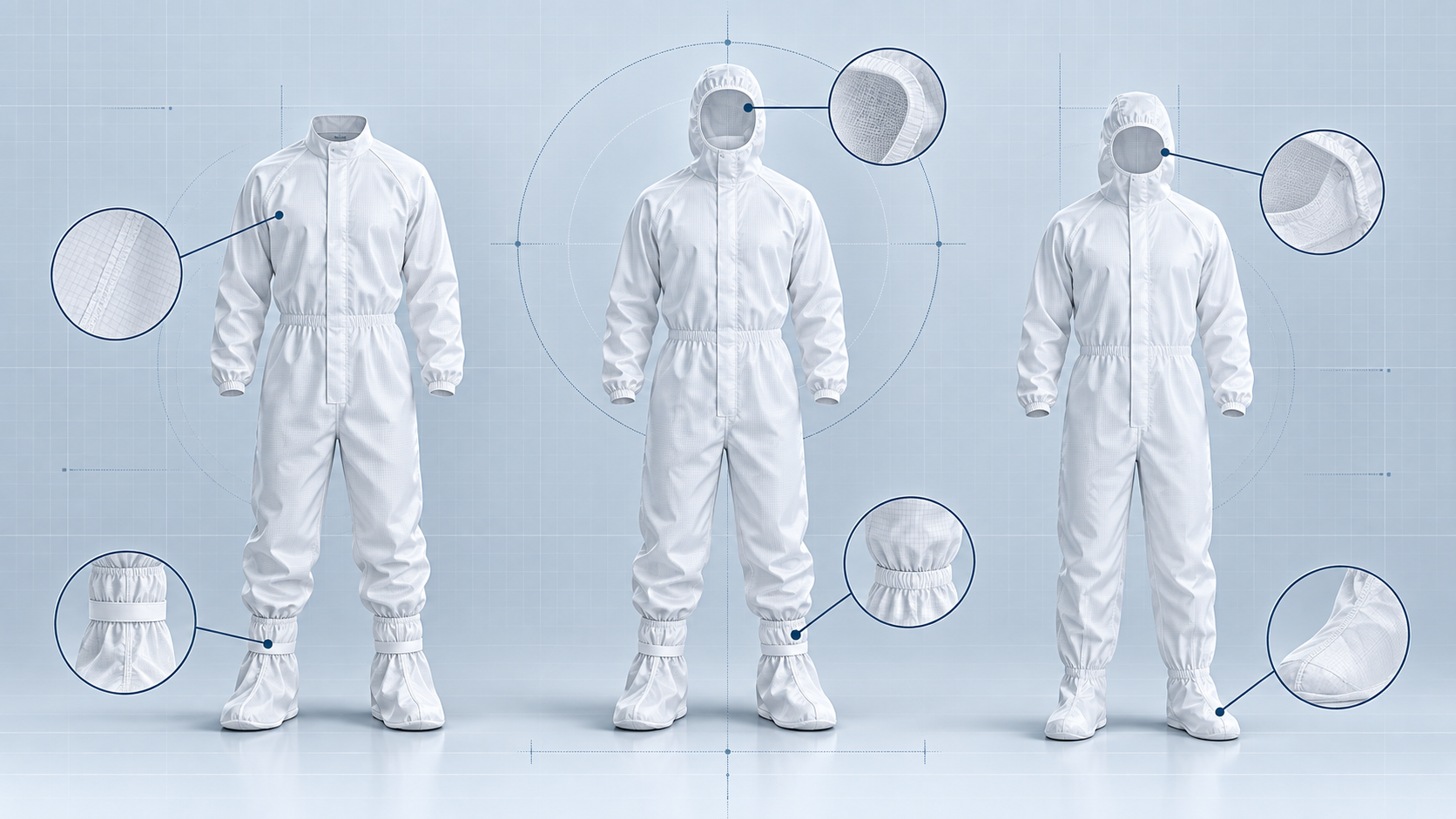 Illustrative comparison of generic cleanroom coverall configuration concepts; not product-specific.