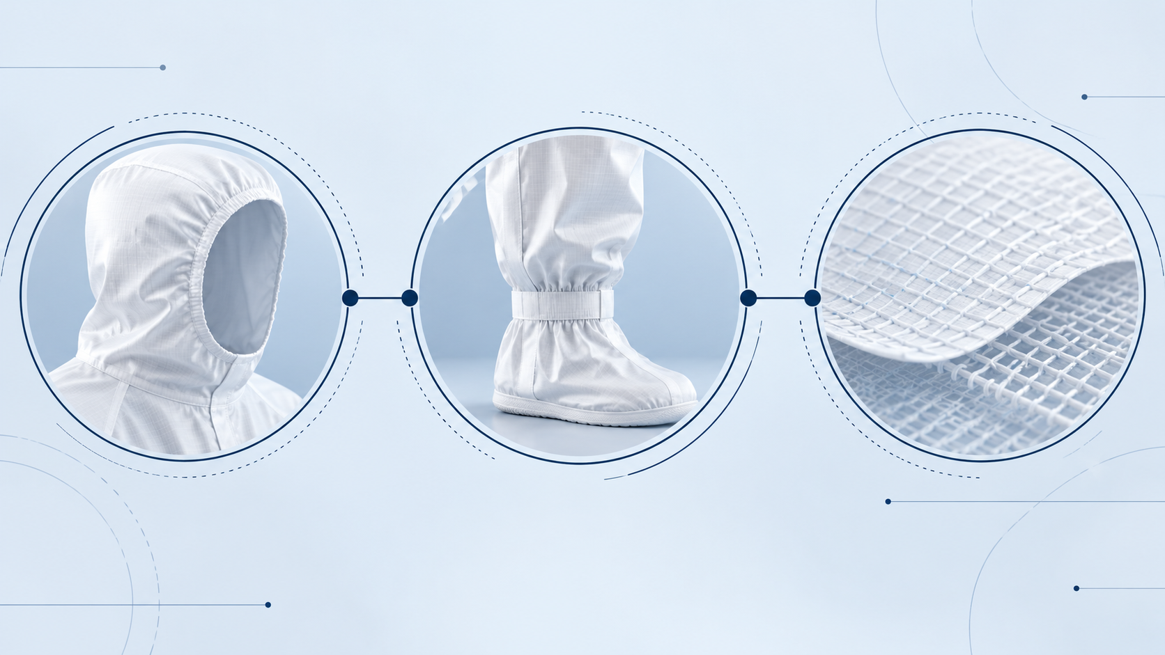 Illustrative cleanroom coverall hood, ankle and fabric construction concepts; not product-specific.